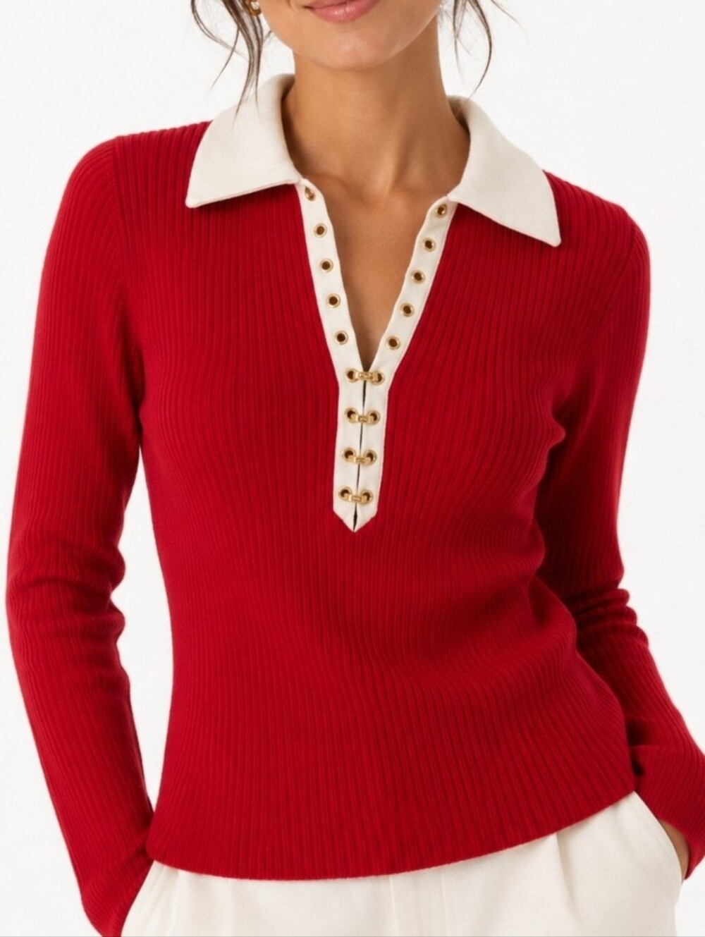 St.John Sport Red Knit Top White Collar Gold Signature Hardware Stretchy Size PS
